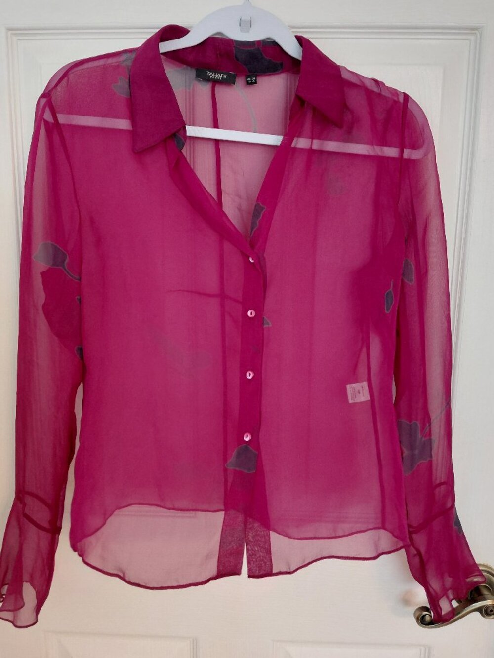 Tahari Silk Purple Pink Floral Sheer Blouse 10P Spring Career Long Bell Sleeve
